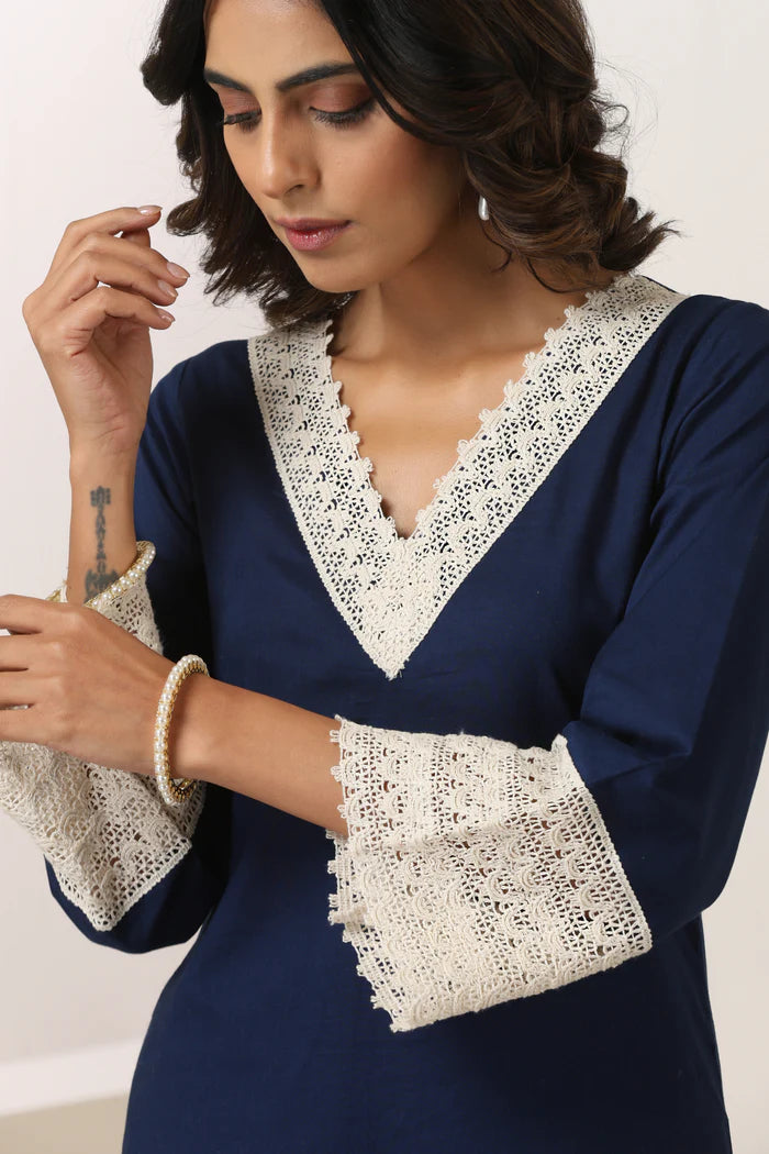 Aadhya Cotton Kurta Pant Set with Intricate Lace Borders