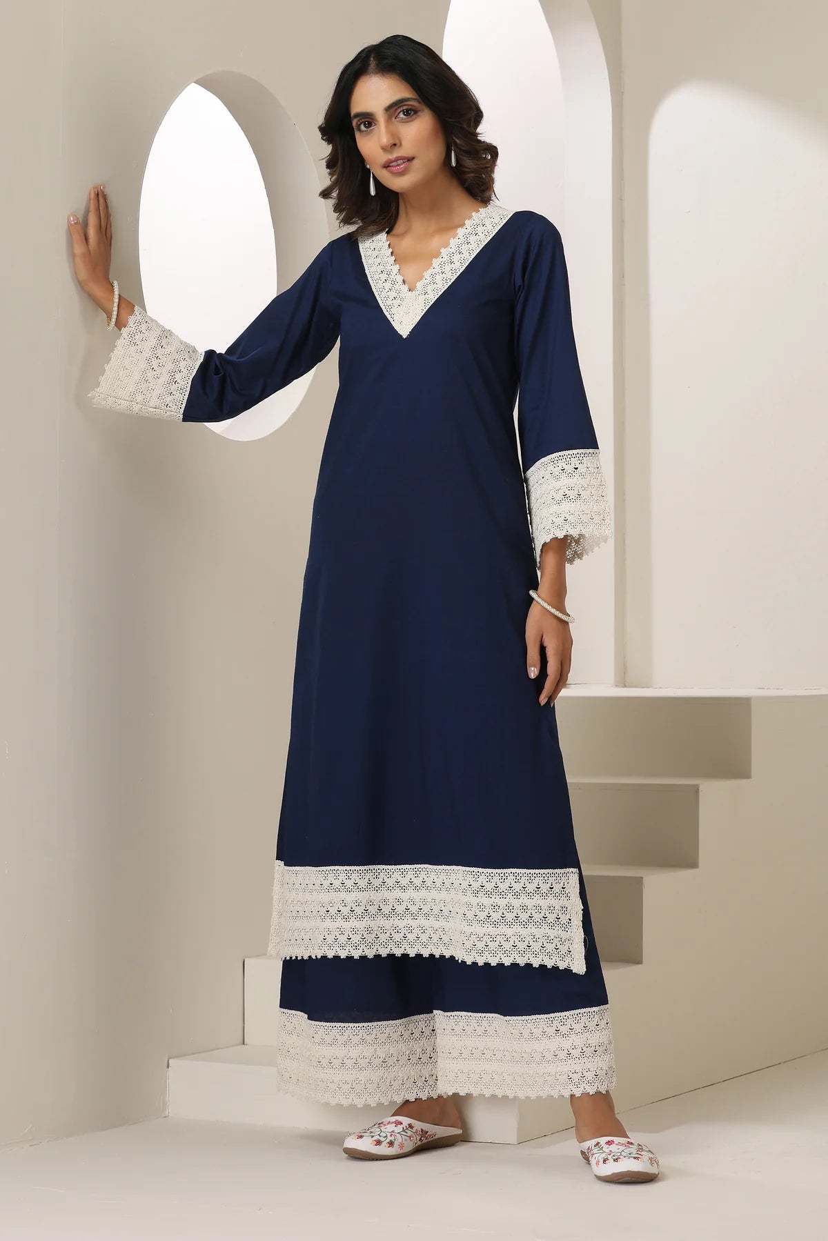 Aadhya Cotton Kurta Pant Set with Intricate Lace Borders