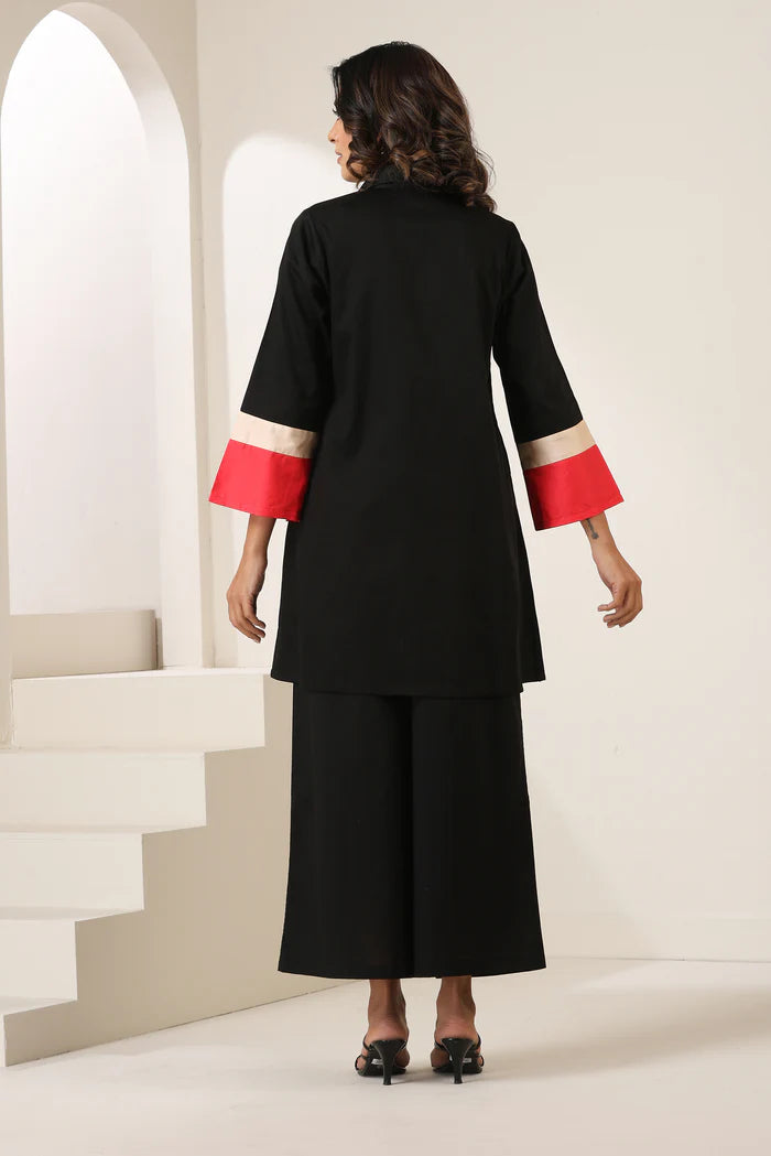 Black Cotton Co-ord Set with Contrast Red & Beige Cuff Detailing