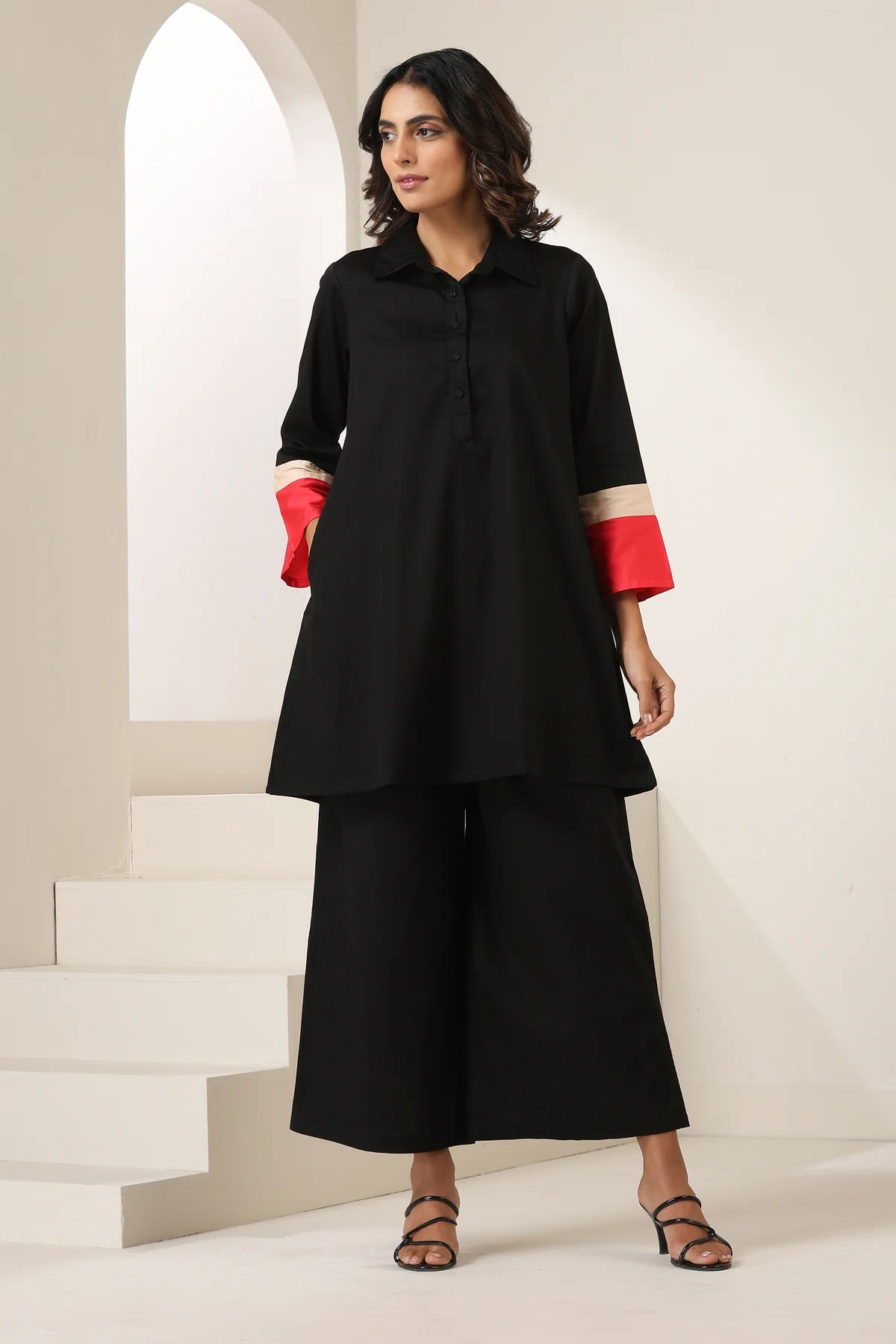 Black Cotton Co-ord Set with Contrast Red & Beige Cuff Detailing