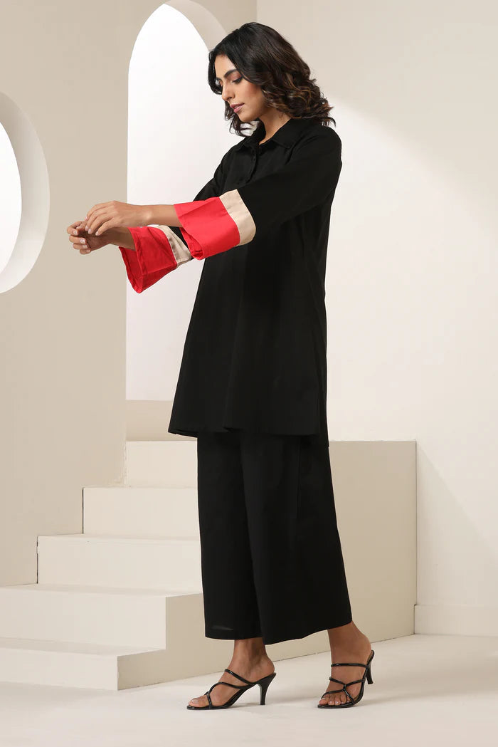Black Cotton Co-ord Set with Contrast Red & Beige Cuff Detailing