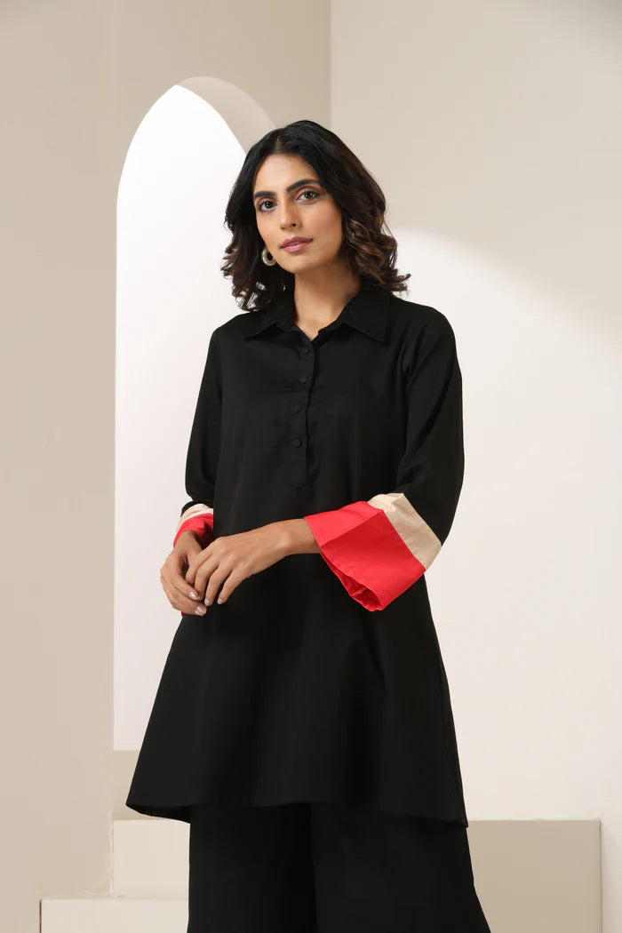 Black Cotton Co-ord Set with Contrast Red & Beige Cuff Detailing