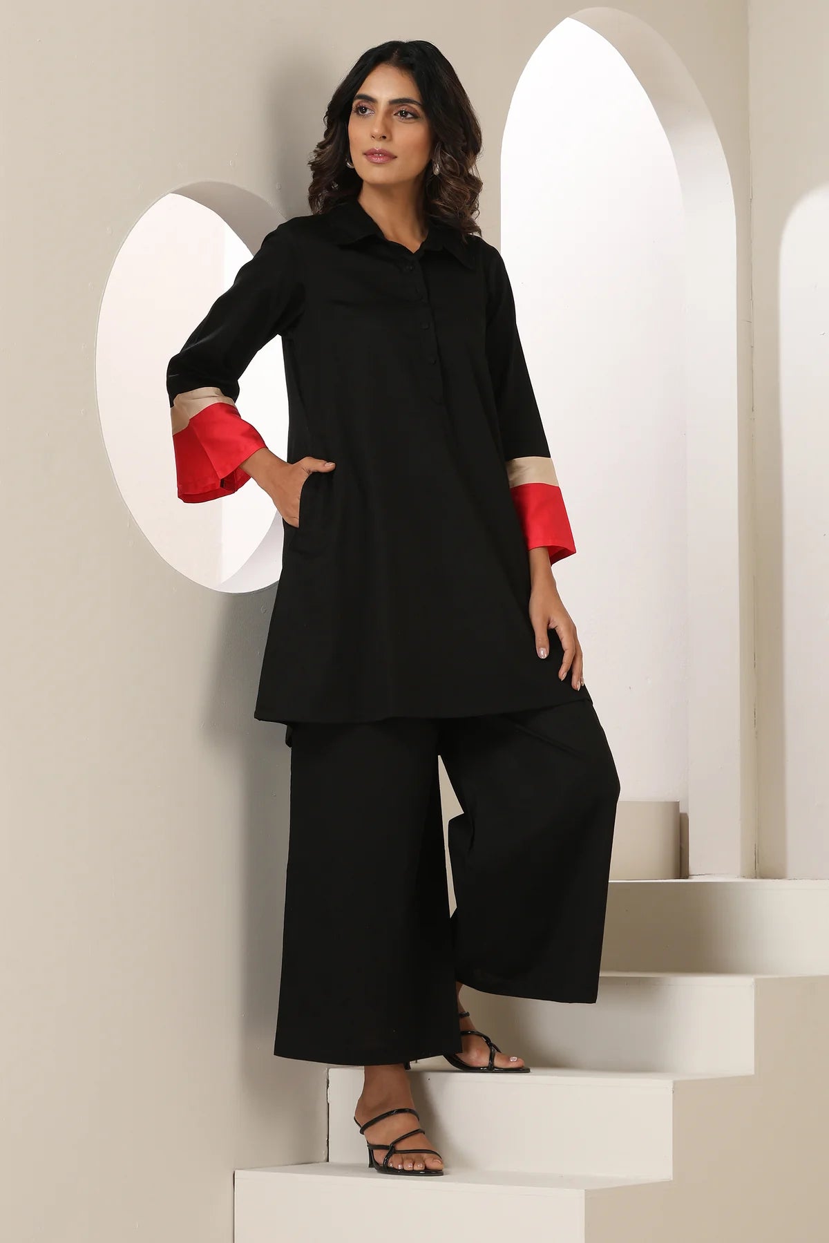 Black Cotton Co-ord Set with Contrast Red & Beige Cuff Detailing