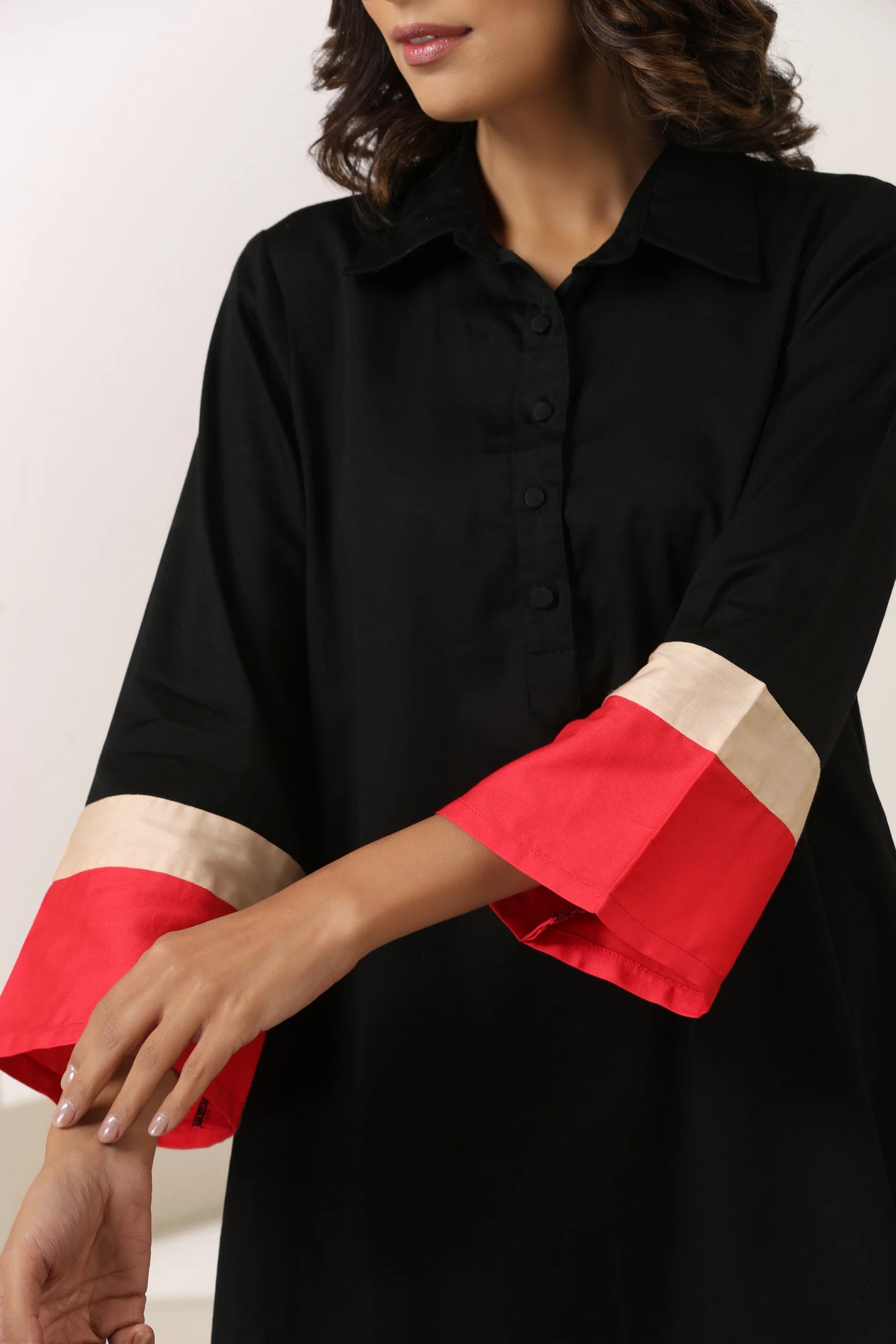 Black Cotton Co-ord Set with Contrast Red & Beige Cuff Detailing
