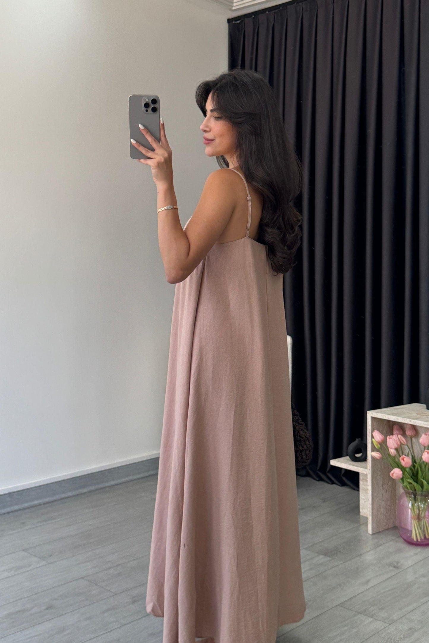 Effortless Flared Slip Dress – Solid Spaghetti Strap Midi