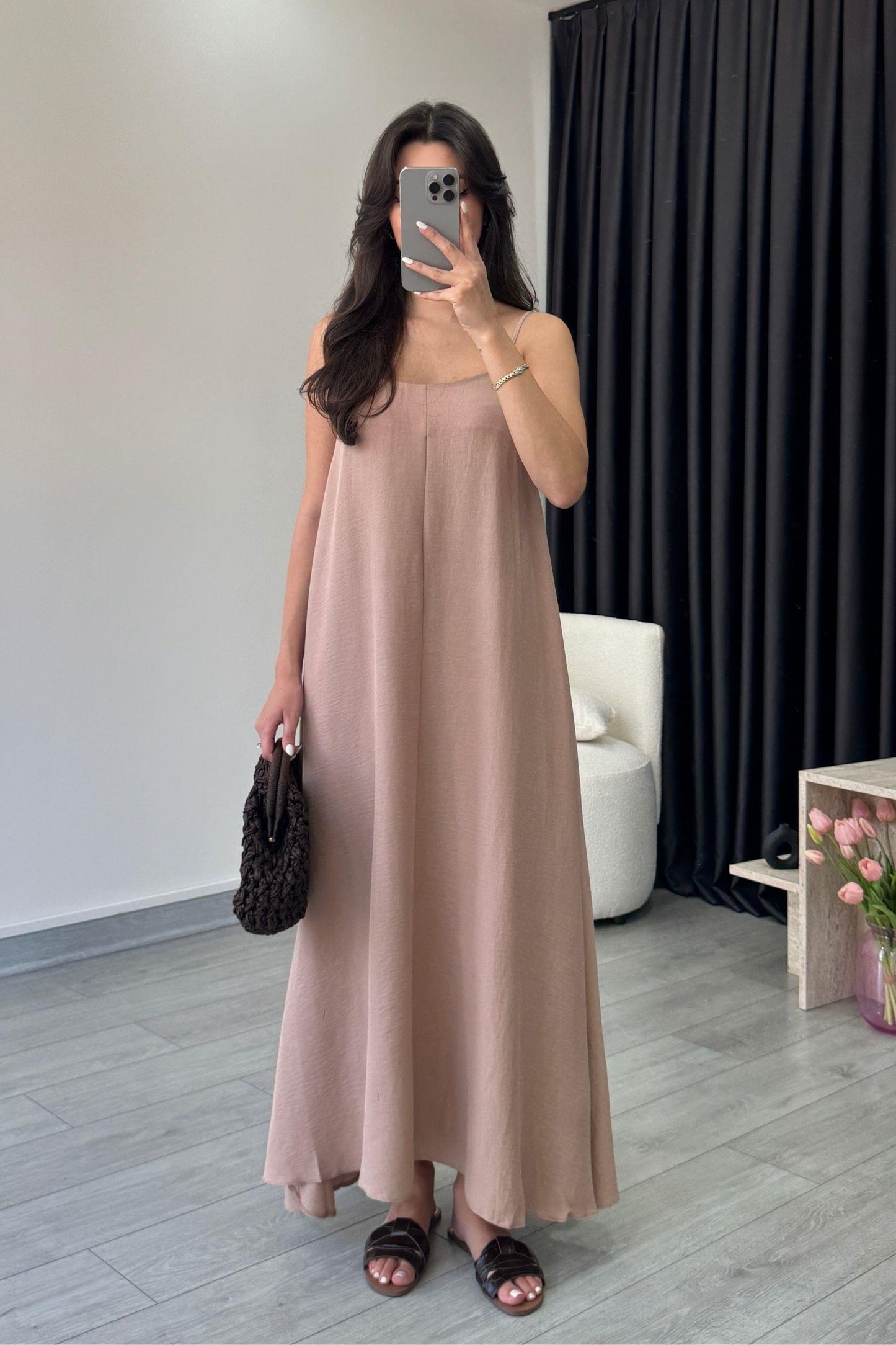 Effortless Flared Slip Dress – Solid Spaghetti Strap Midi