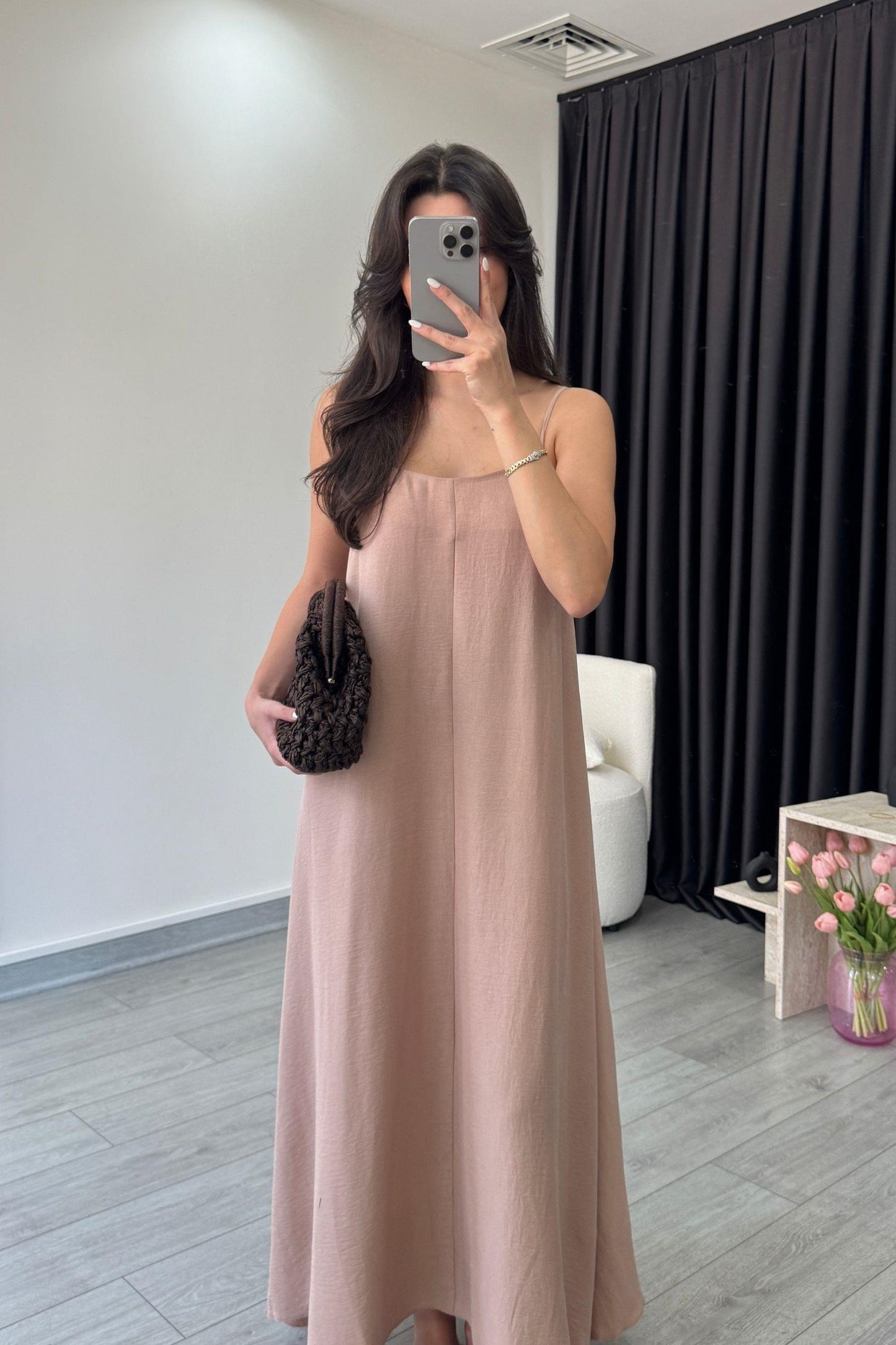 Effortless Flared Slip Dress – Solid Spaghetti Strap Midi
