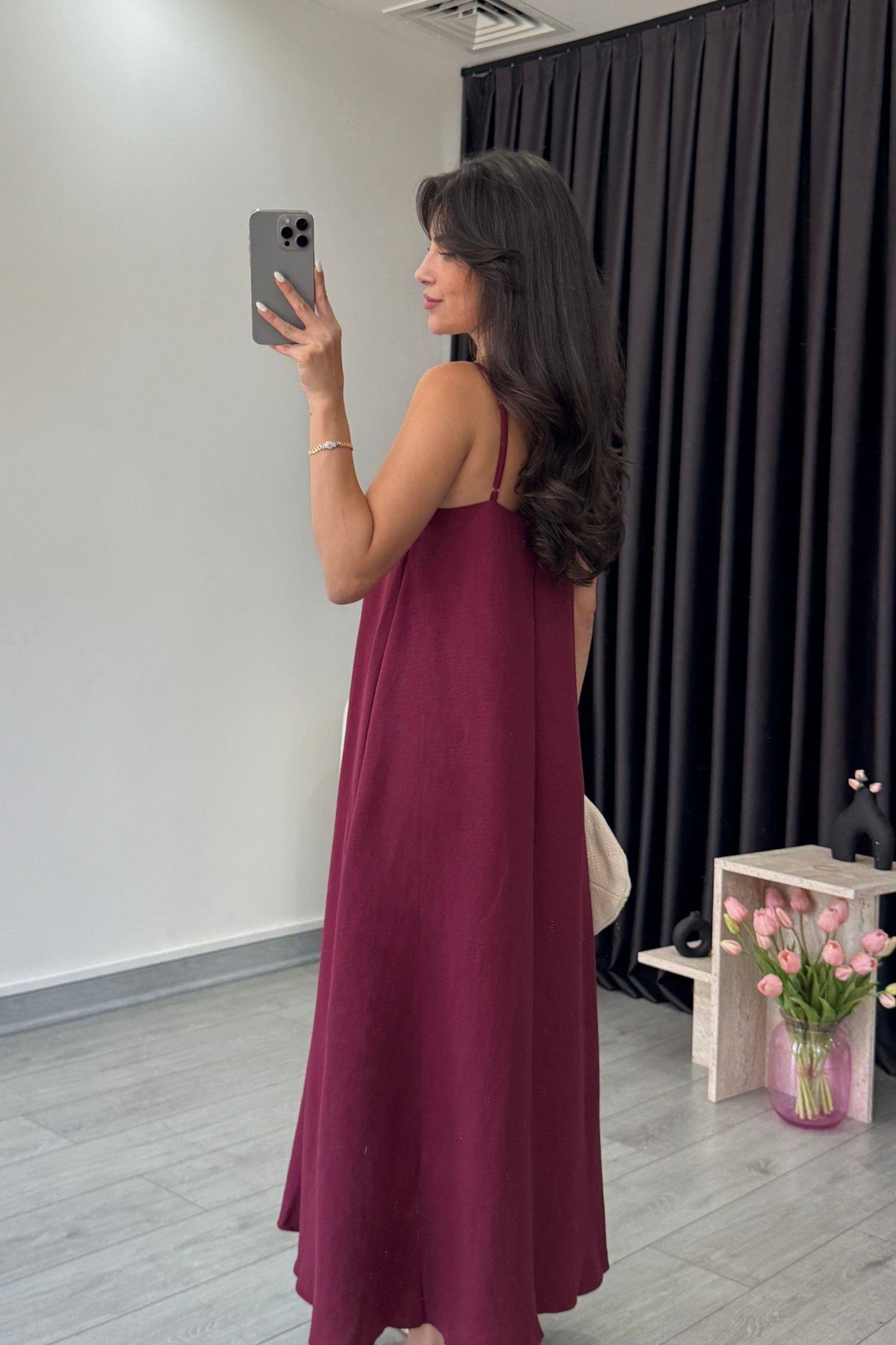 Effortless Flared Slip Dress – Solid Spaghetti Strap Midi
