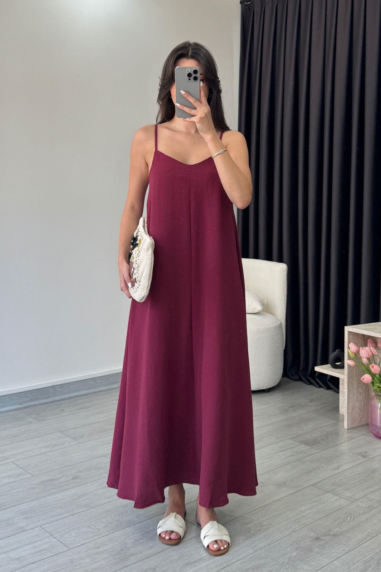 Effortless Flared Slip Dress – Solid Spaghetti Strap Midi