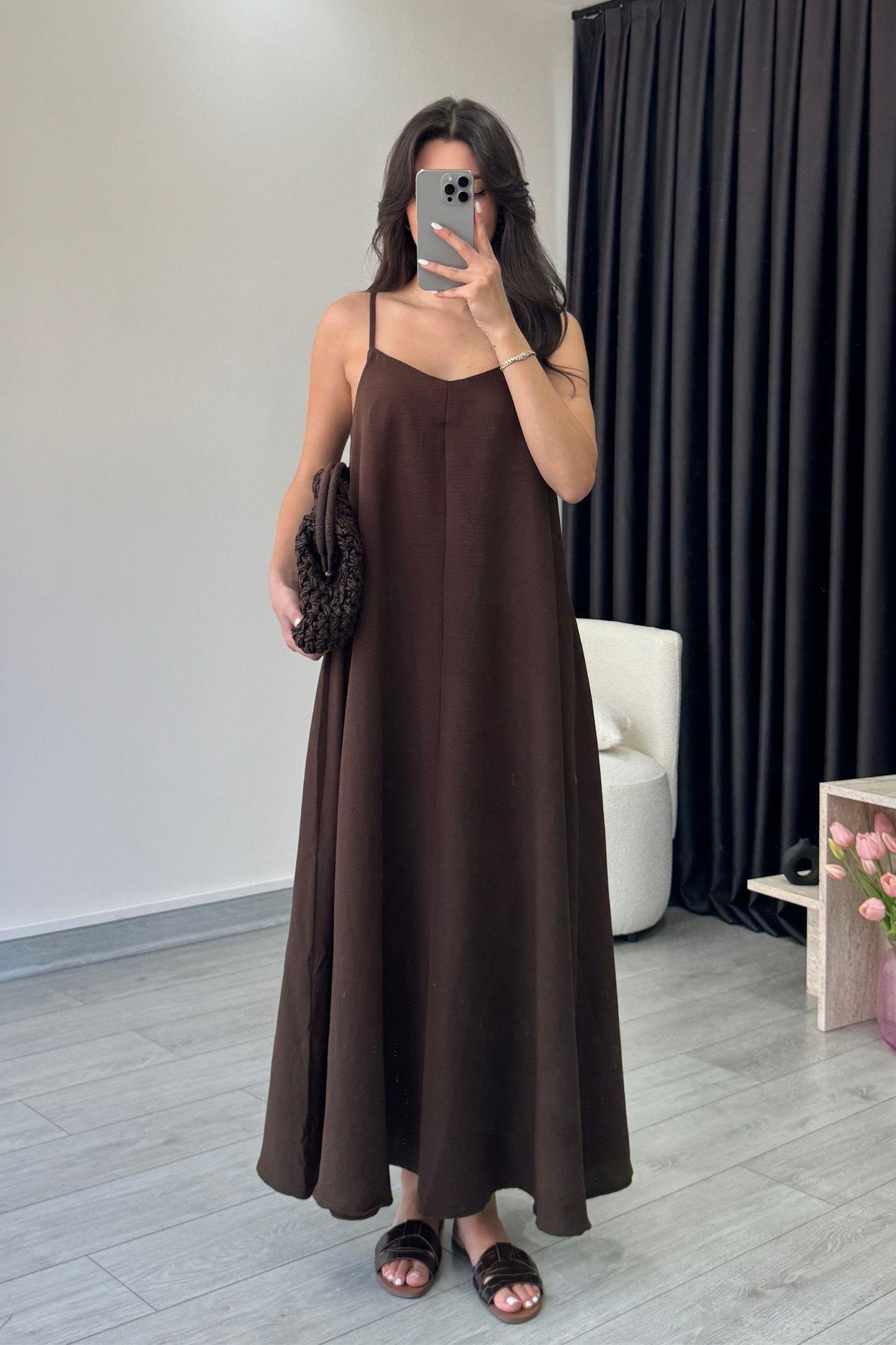 Effortless Flared Slip Dress – Solid Spaghetti Strap Midi