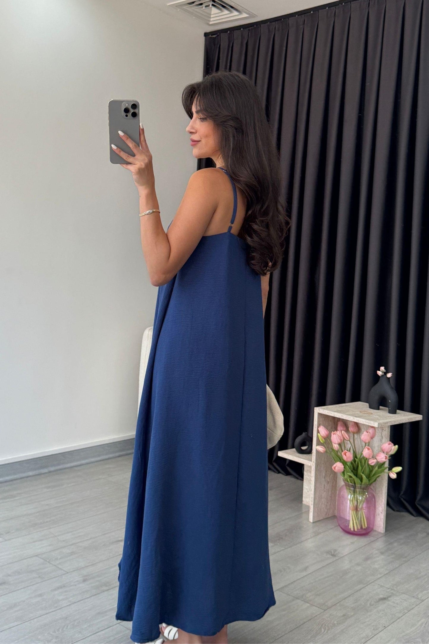 Effortless Flared Slip Dress – Solid Spaghetti Strap Midi