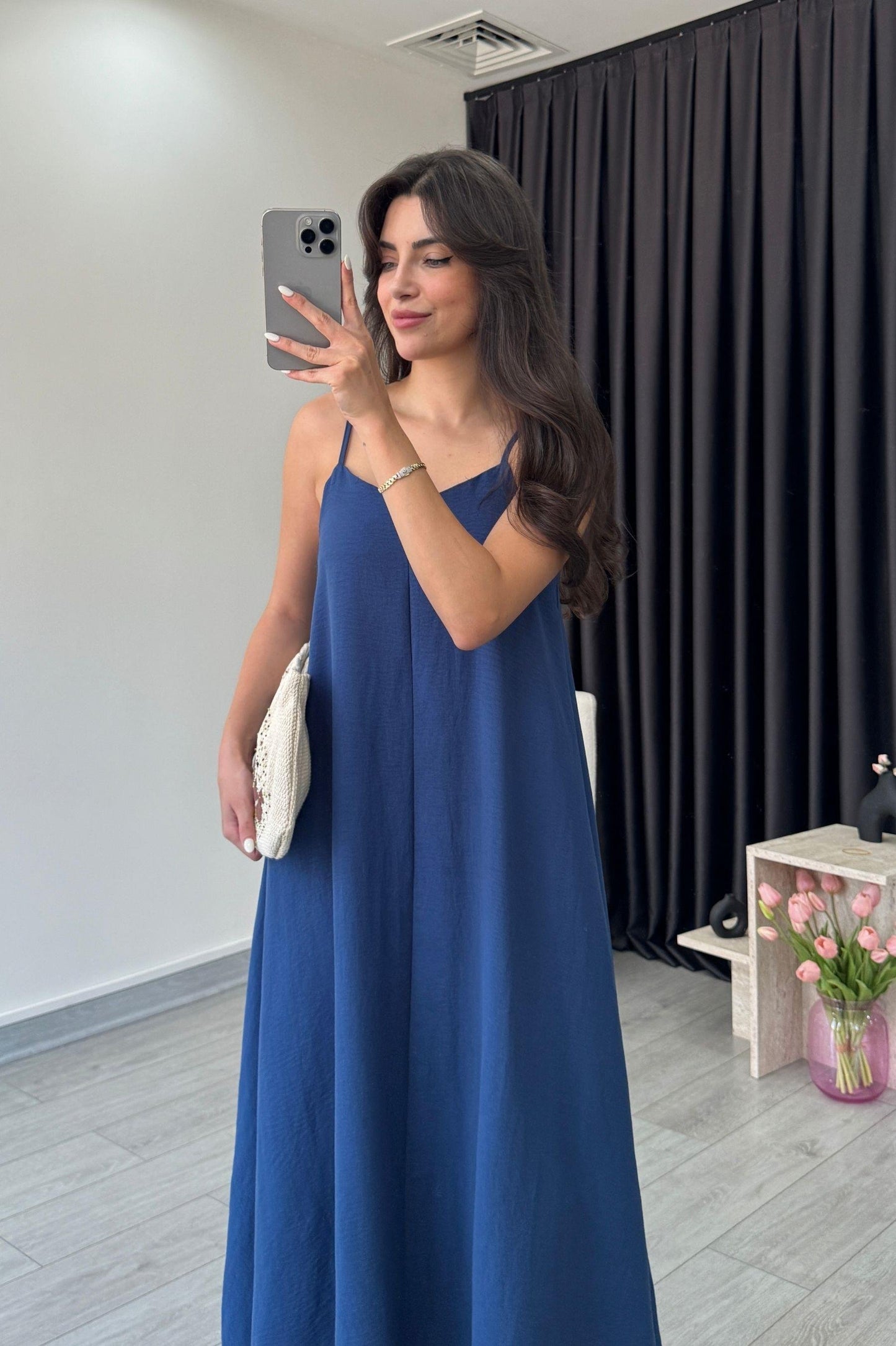 Effortless Flared Slip Dress – Solid Spaghetti Strap Midi