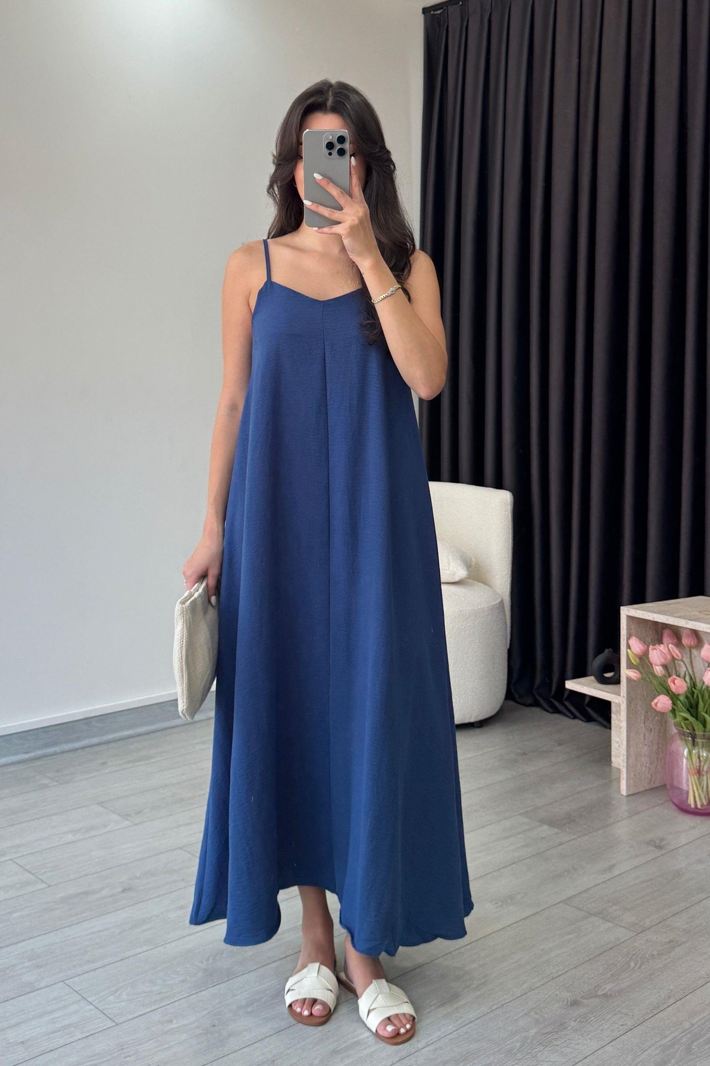 Effortless Flared Slip Dress – Solid Spaghetti Strap Midi