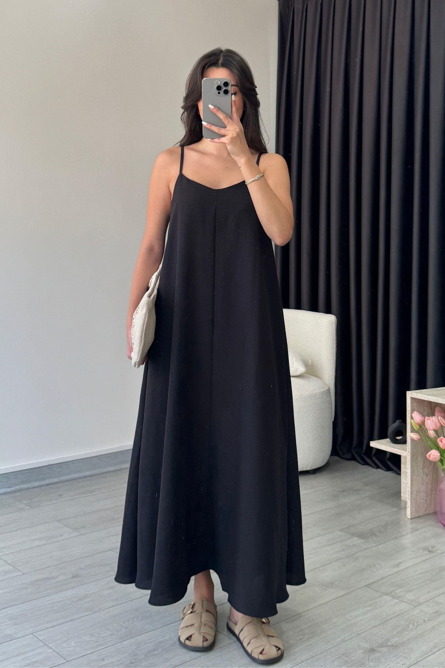 Effortless Flared Slip Dress – Solid Spaghetti Strap Midi