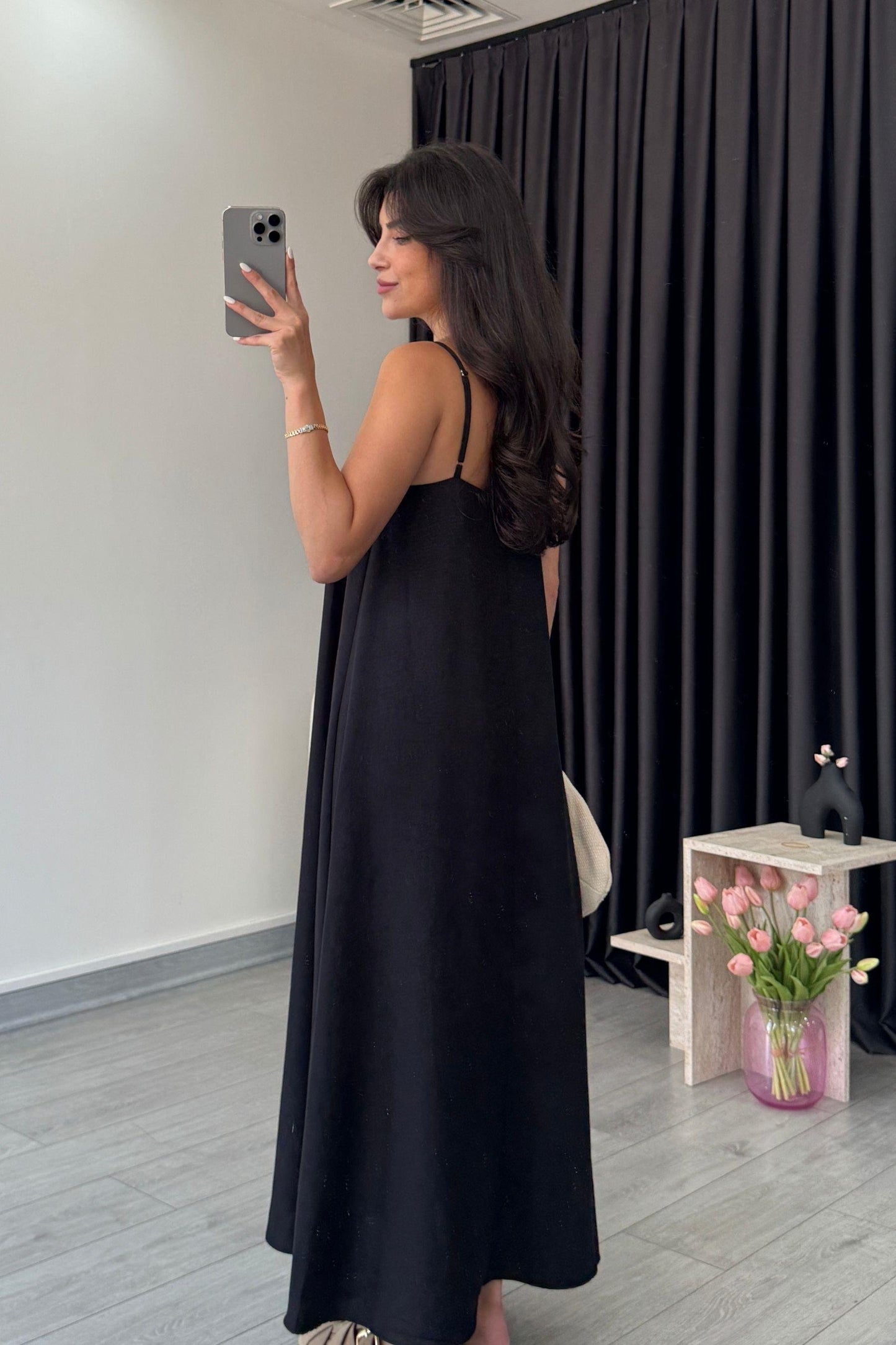 Effortless Flared Slip Dress – Solid Spaghetti Strap Midi