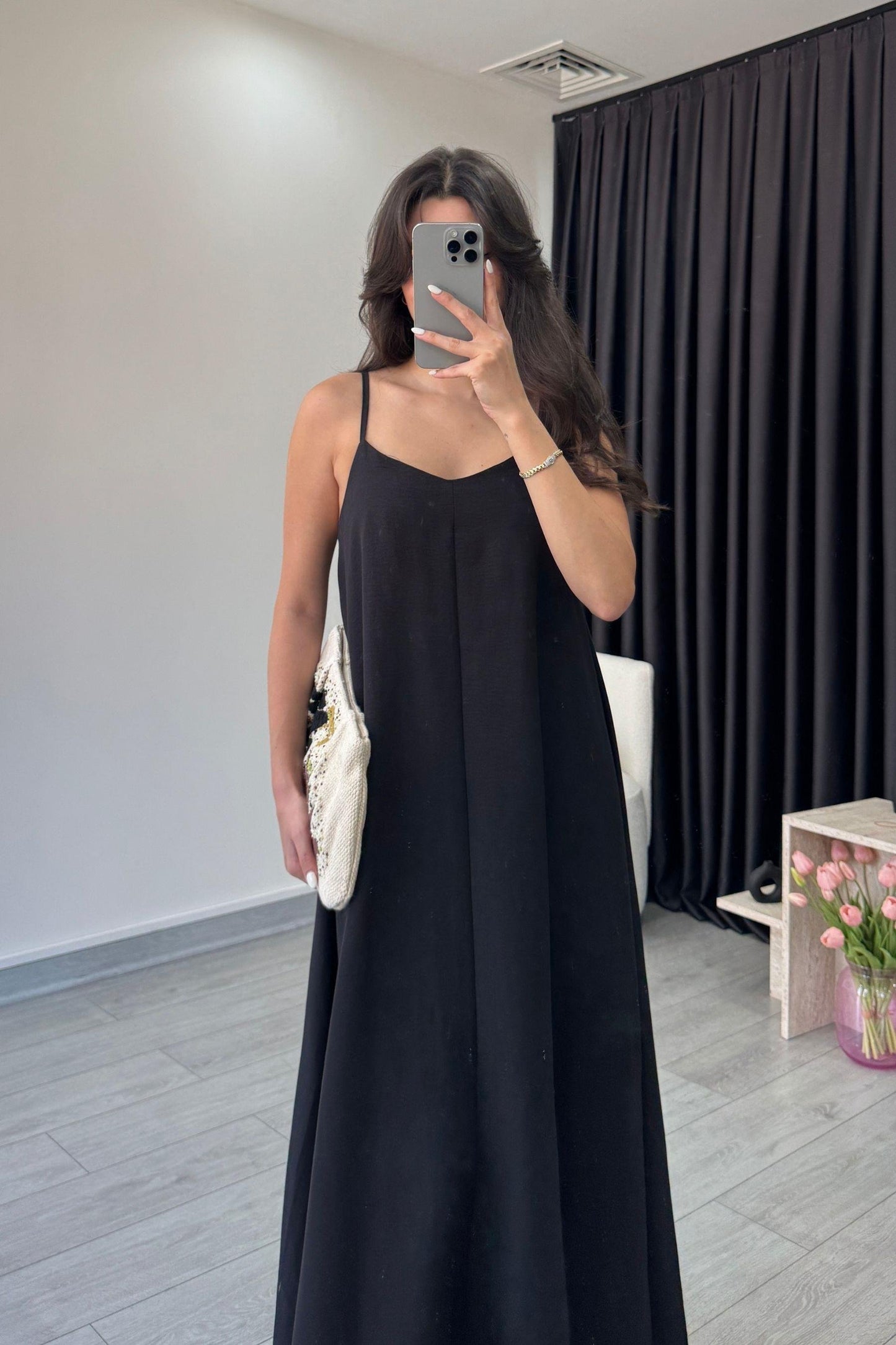 Effortless Flared Slip Dress – Solid Spaghetti Strap Midi
