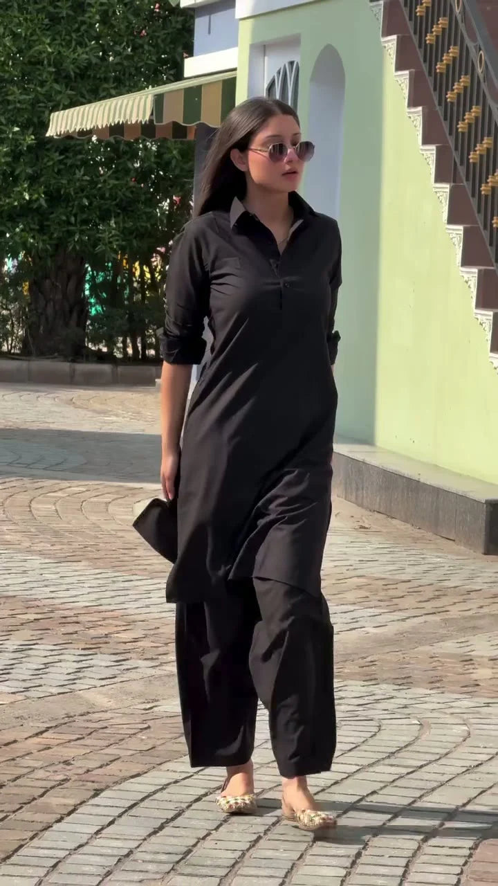 "Nox" - Black Shirt-Style Relaxed Cotton Kurta Set