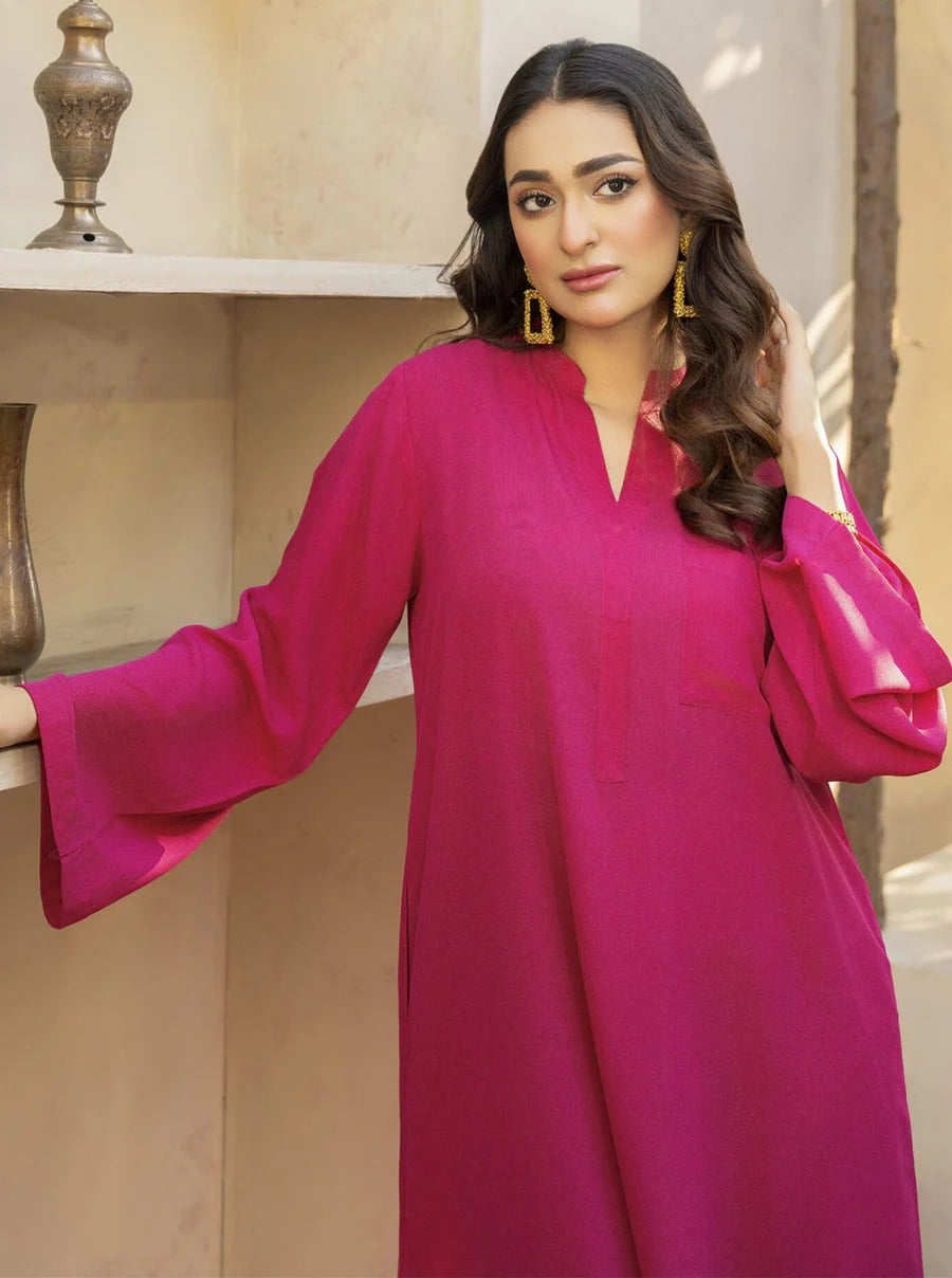 Fuchsia Pink Georgette Co-Ord Set with Flowy V-Neck Kurta