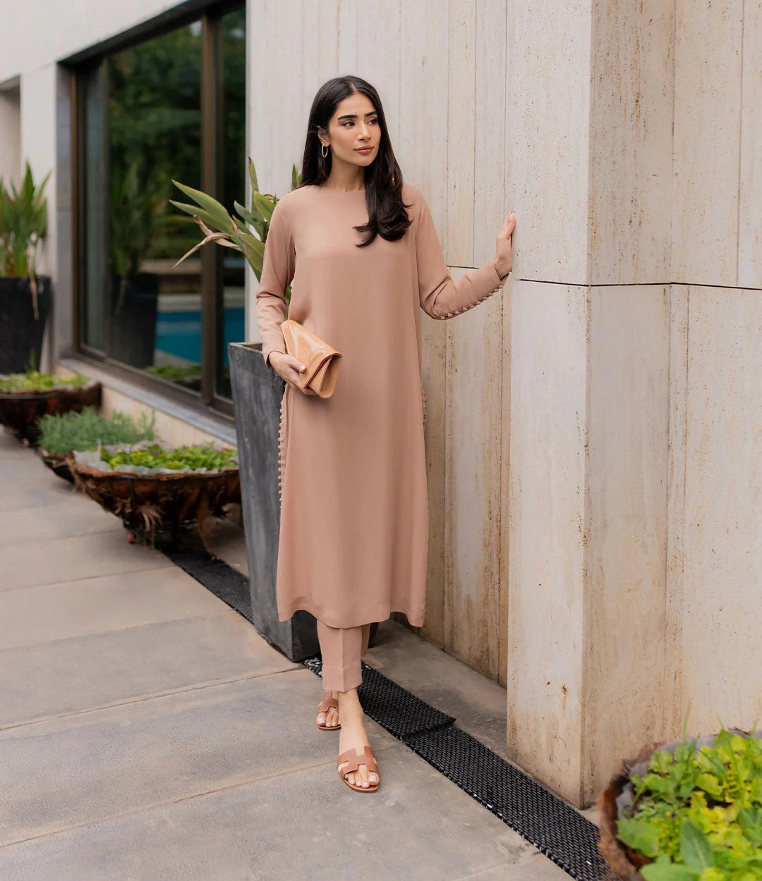 Butter Crepe Straight Kurta Set with Delicate Side Lace Accents