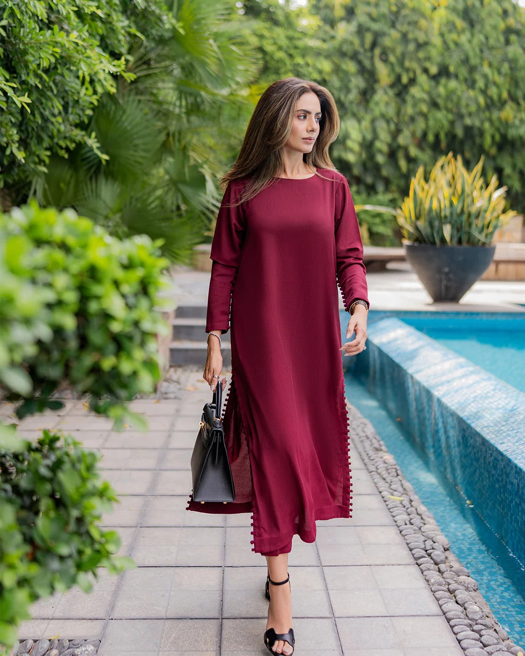 Butter Crepe Straight Kurta Set with Delicate Side Lace Accents
