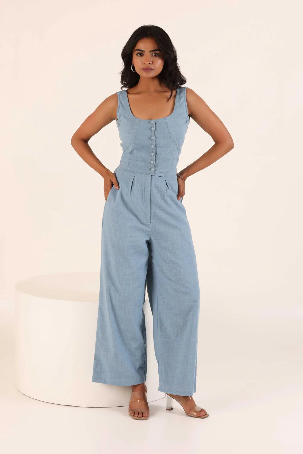 Cotton Slub Co-Ord Set with Sleeveless Crop Top & High-Waisted Pants