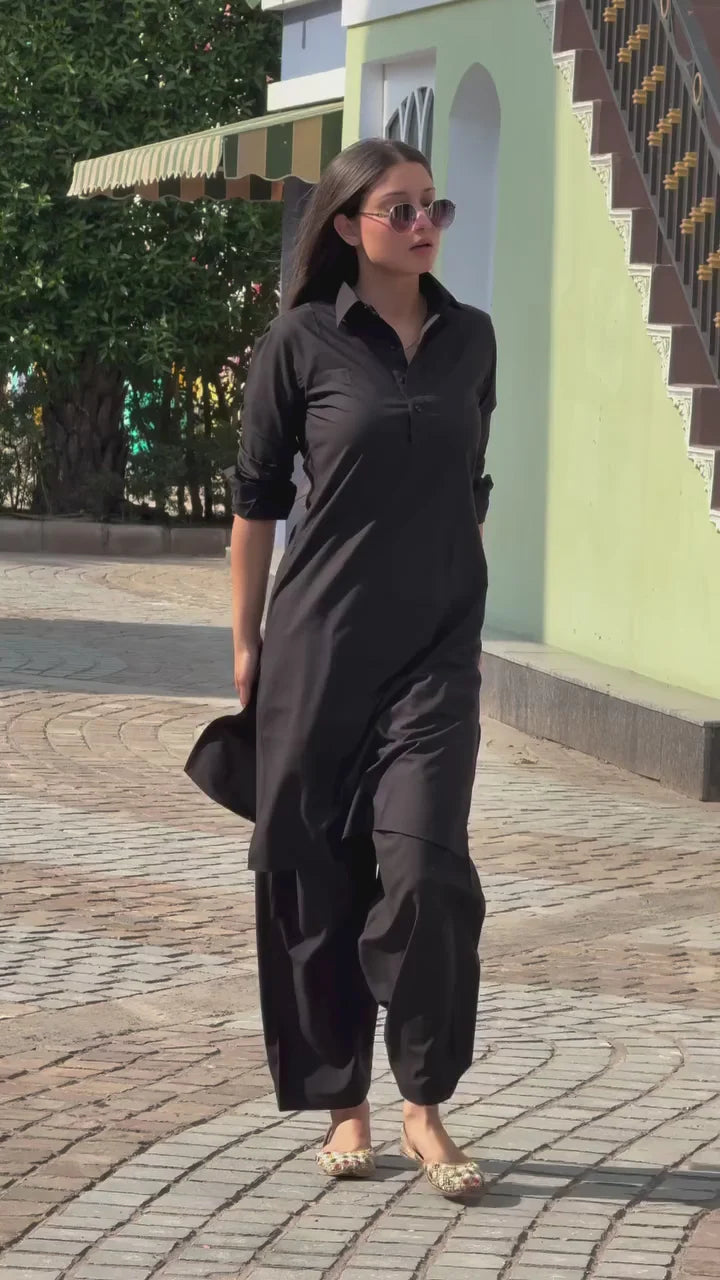 "Nox" - Black Shirt-Style Relaxed Cotton Kurta Set