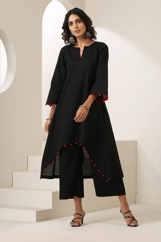 Meera Cotton Kurta Pant Set with Handcrafted Pom-Pom Lace