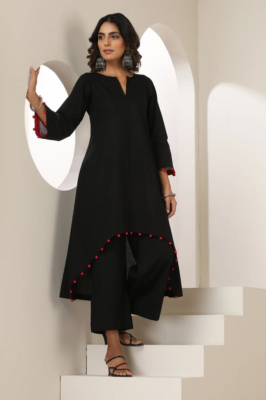 Meera Cotton Kurta Pant Set with Handcrafted Pom-Pom Lace