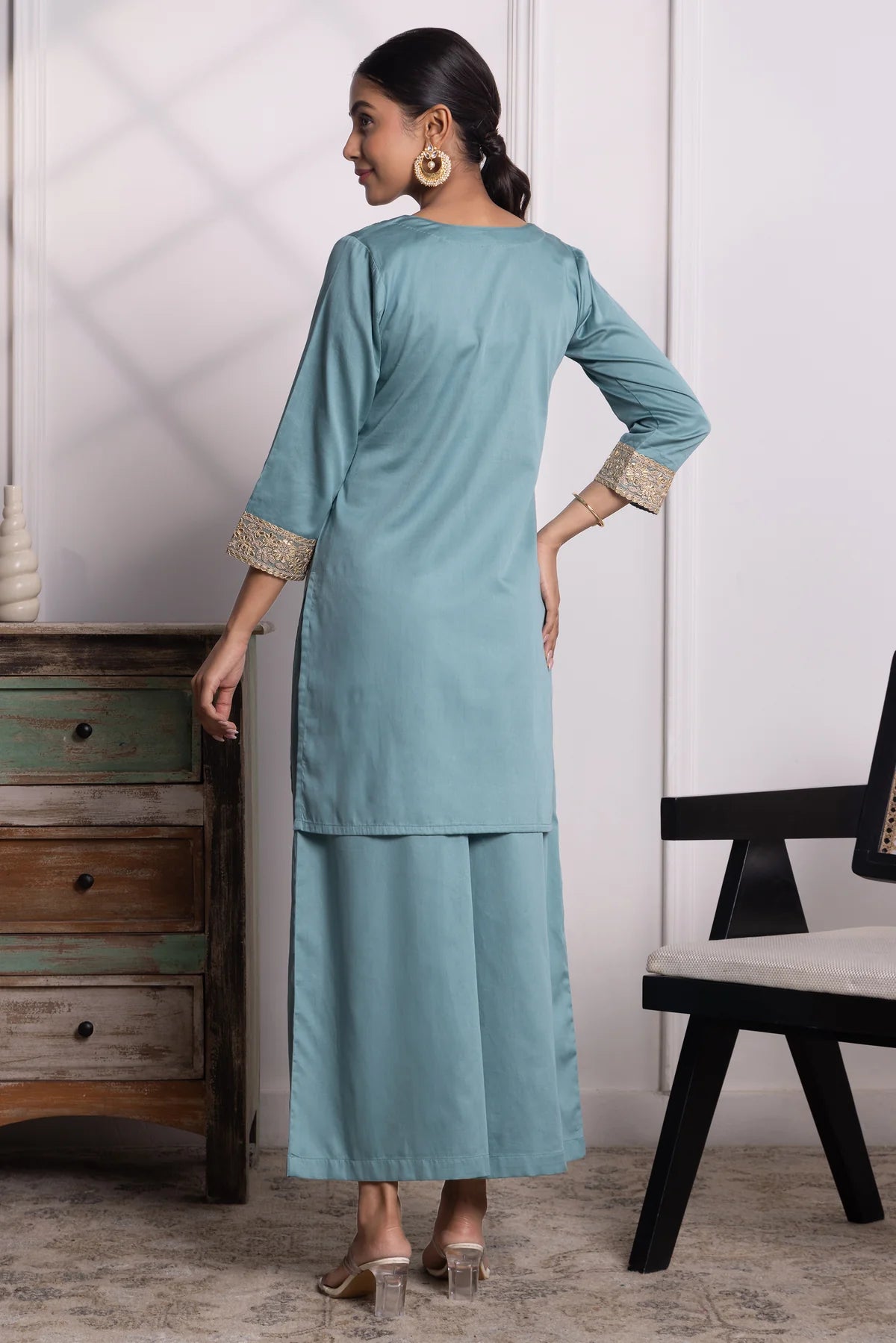 Nitya Cotton Kurta Pant Set with Handcrafted Lace & Sequin Accents