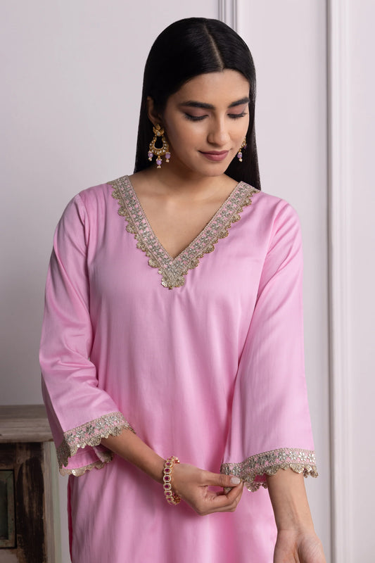 Nitya Cotton Kurta Pant Set with Handcrafted Lace & Sequin Accents