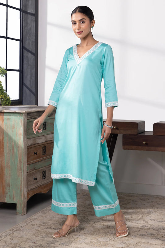 Samaira Aqua Blue Cotton Kurta Pant Set with Delicate Lace Work