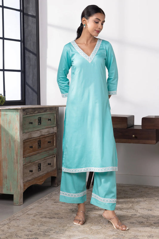 Samaira Aqua Blue Cotton Kurta Pant Set with Delicate Lace Work