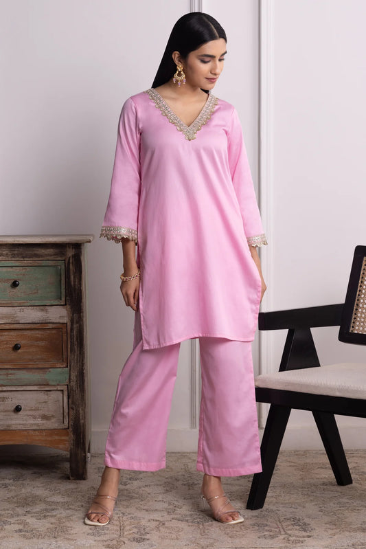 Nitya Cotton Kurta Pant Set with Handcrafted Lace & Sequin Accents