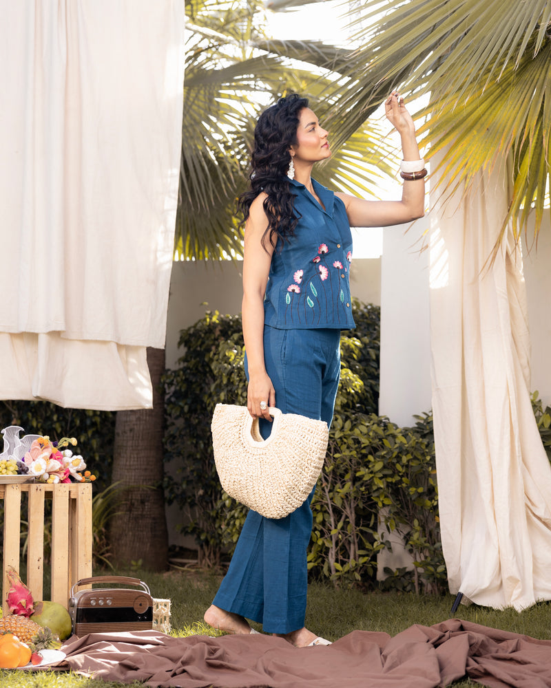 Teal Blue Cotton Slub Embroidered Co-Ord Set for Women – Floral Waistcoat Top & Relaxed Pants