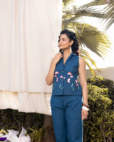 Teal blue cotton slub embroidered co-ord set for women with waistcoat top and pants
