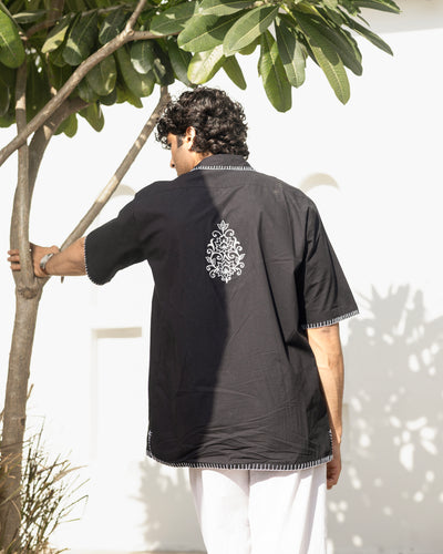 Premium black cotton shirt for men with Cuban collar and handcrafted embroidery detail