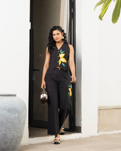 Black cotton flex embroidered co ord set for women with floral waistcoat top and straight pants