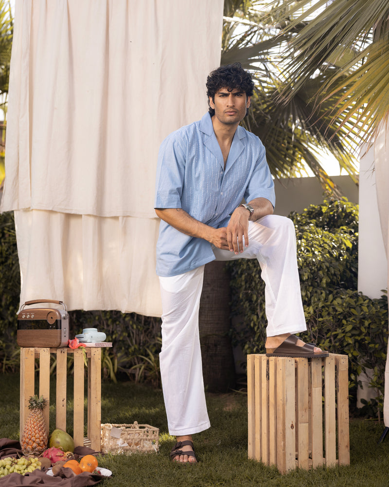 Designer men’s shirt in powder blue with Cuban collar and soft cotton texture