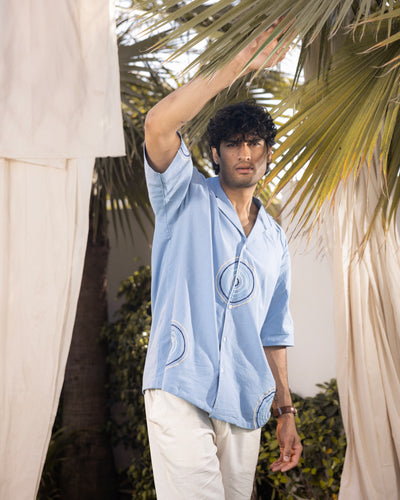 Powder blue cotton flex embroidered shirt for men with abstract circular design and Cuban collar