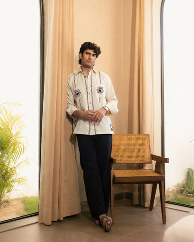 Beige Relaxed Fit Natural Flex Embroidered Shirt