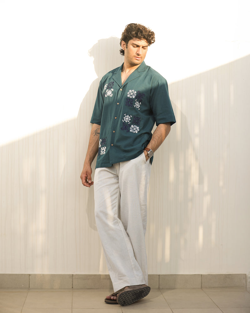 Teal Cotton Flex Embroidered Shirt for Men – Cuban Collar Relaxed Fit