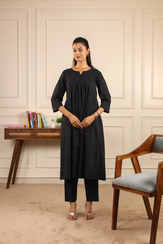 "Suman" - Black Cotton Gathered Kurta Set