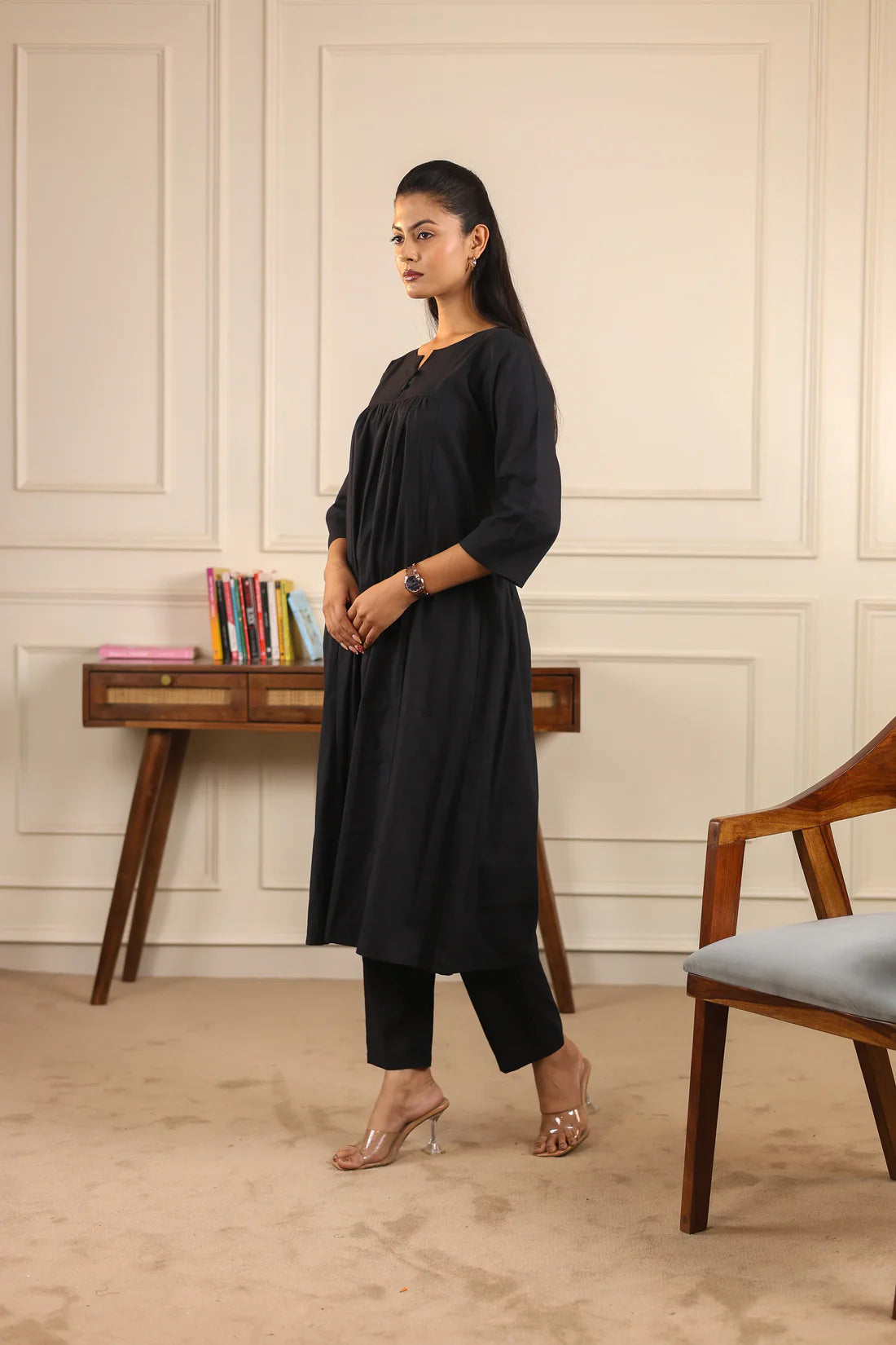 "Suman" - Black Cotton Gathered Kurta Set