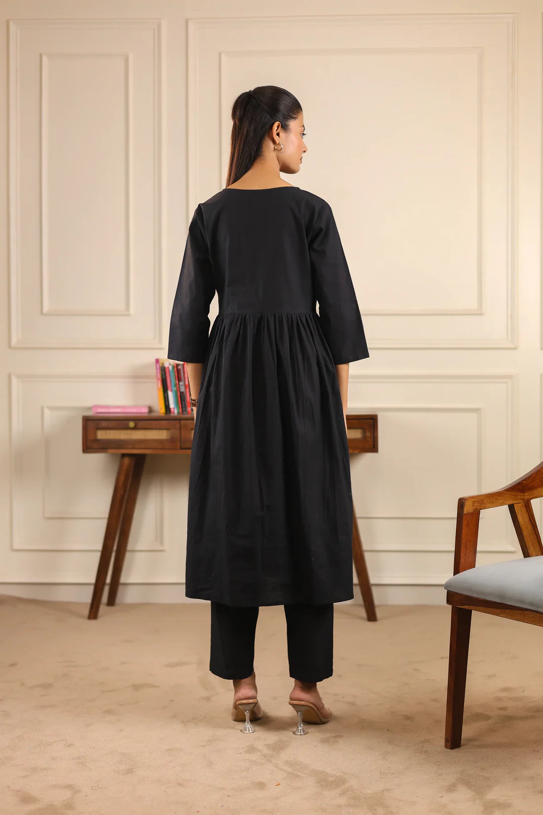 "Suman" - Black Cotton Gathered Kurta Set
