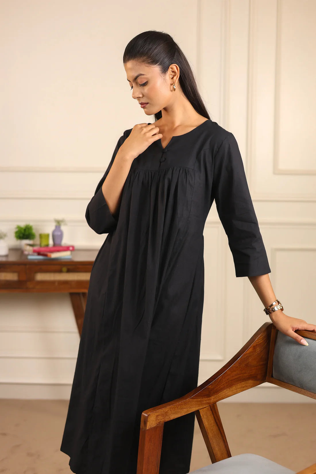 "Suman" - Black Cotton Gathered Kurta Set