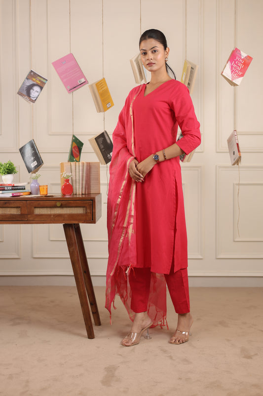 Cotton V-Neck Kurta Set with Chanderi Dupatta