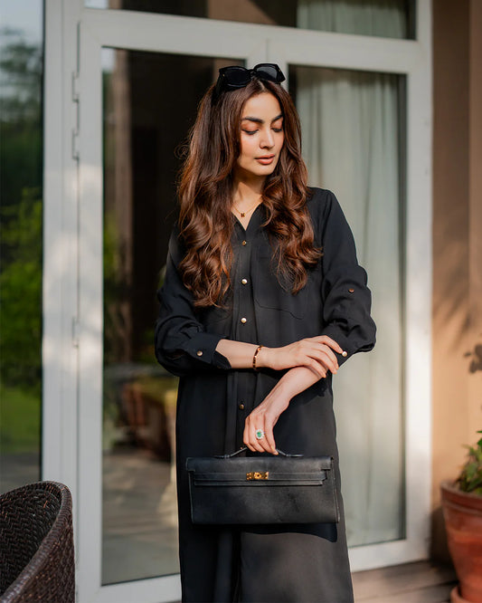 Black Classic Button-Down Cotton Kurta Set