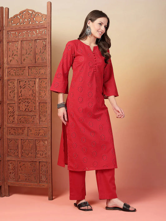 Schiffli Embroidered Cotton Kurta Pant Set