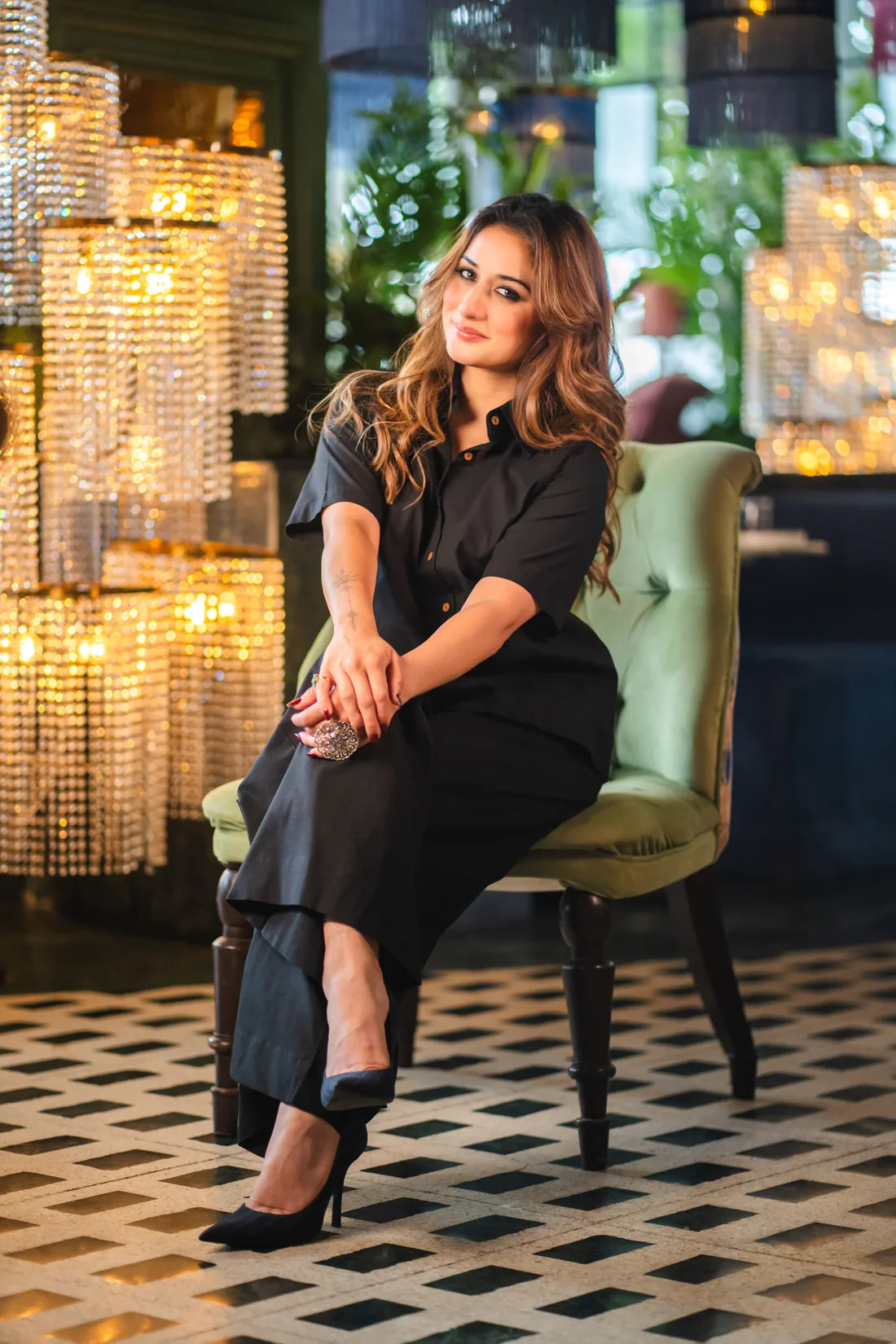 "Shyama" - Black Cotton Shirt & Wide-Leg Trouser Co-ord Set