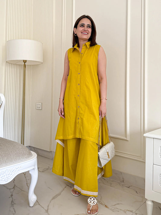 Mustard Cotton Slub Sleeveless Co-ord Set with Palazzo